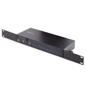 StarTech.com Hub Ladrón USB 3.0 5Gb de 16 Puertos Industrial - Metal - Montaje en Rack/Superficie/DIN - Carga Compartida USB 120W - ESD - Bloque de Terminales - Switch de 2 Hosts