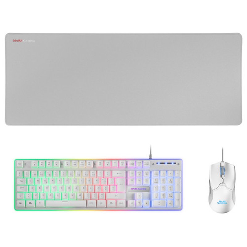 Mars Gaming MCPXWPT, Combo Teclado H-Mech+Ratón Ultraligero+Alfombrilla XXL, Blanco, PT