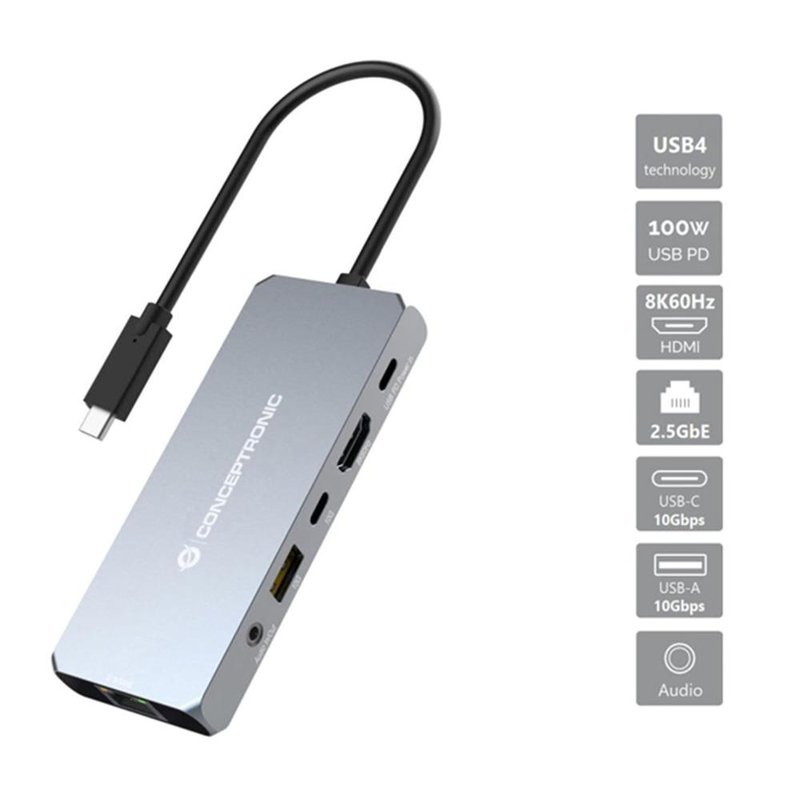 Conceptronic DONN22G base para portátil y replicador de puertos Alámbrico USB 3.2 Gen 2 (3.1 Gen 2) Type-C Gris
