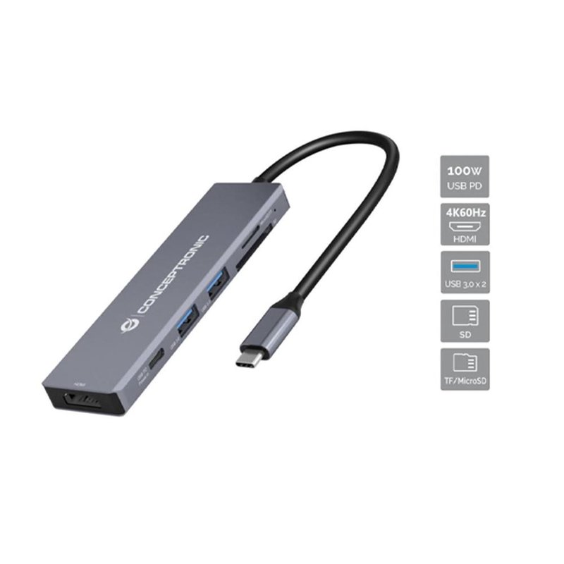 Conceptronic DONN23G base para portátil y replicador de puertos Alámbrico USB 3.2 Gen 1 (3.1 Gen 1) Type-C Gris