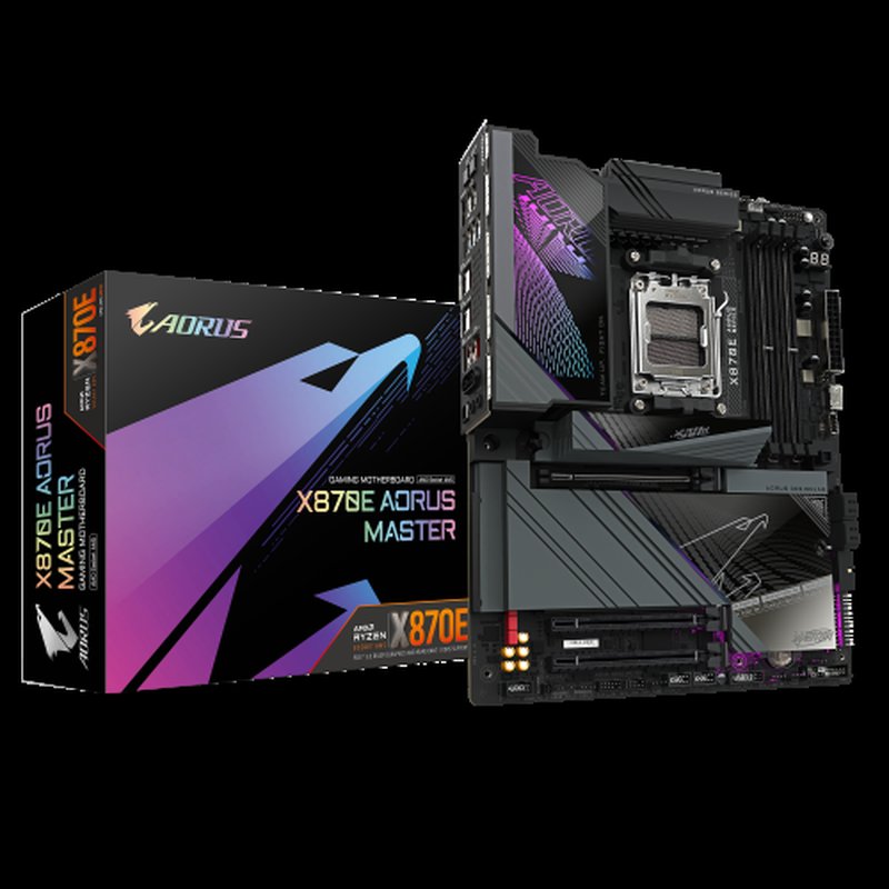 GIGABYTE Placa base X870E AORUS MASTER - Compatible con CPUs AMD Ryzen 9000, VRM digital de 16+2+2 fases, hasta 8200MHz DDR5 (OC), 4xPCIe 5.0 + 4xM.2, Wi-Fi 7, LAN 5GbE, USB 3.2 Gen 2x2