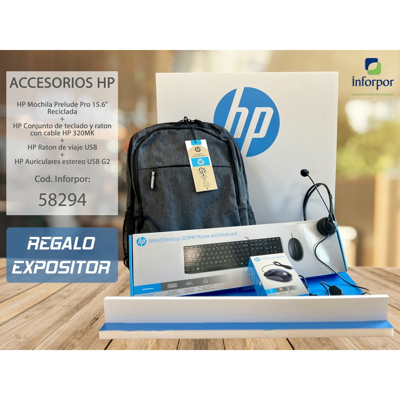 HP Auriculares G2 + Combo 320MK+ Ratón viaje + Mochila 15.6" + Expositor de Regalo