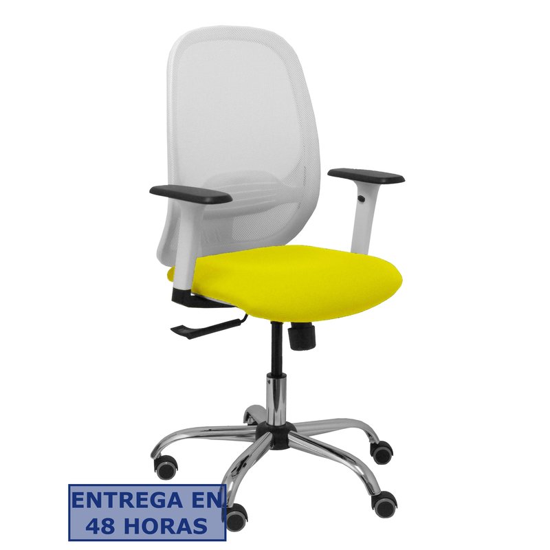 PIQUERAS Y CRESPO Silla Cilanco blanca malla blanca asiento bali amarillo brazo regulable base cromada ruedas de parque