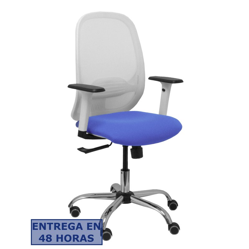 PIQUERAS Y CRESPO Silla Cilanco blanca malla blanca asiento bali azul claro brazo regulable base cromada ruedas de parque