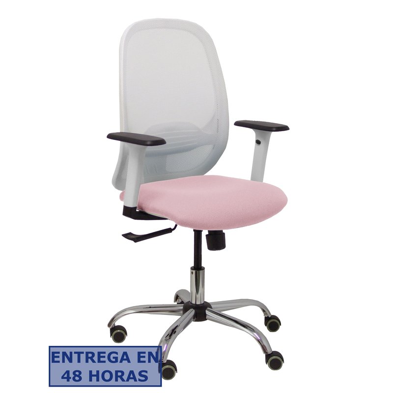 PIQUERAS Y CRESPO Silla Cilanco blanca malla blanca asiento bali rosa brazo regulable base cromada ruedas de parque