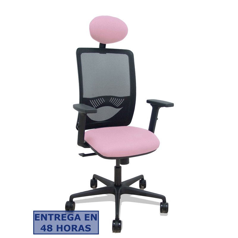 PIQUERAS Y CRESPO Silla Zulema sincro malla negra asiento bali rosa brazos 2D ruedas 65mm cabecero