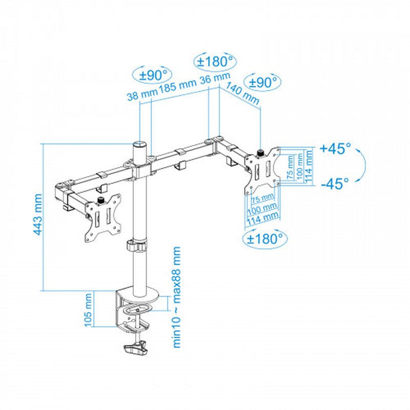 TooQ Soporte de Mesa Giratorio e Inclinable para 2 Pantallas (Monitor / TV Plasma / LCD / LED) 13” – 32”, de Dos Brazos, Negro - Imagen 14