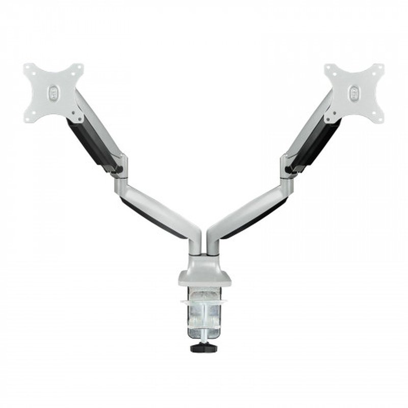 TooQ Soporte de Mesa Giratorio e Inclinable para 2 Pantallas (Monitor / TV Plasma / LCD / LED) 13” – 32”, de Dos Brazos, Plata TooQ Soporte de Mesa Giratorio e Inclinable para 2 Pantallas (Monitor / TV Plasma / LCD / LED) 13” – 32”, de Dos Brazos, Plata