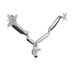 TooQ Soporte de Mesa Giratorio e Inclinable para 2 Pantallas (Monitor / TV Plasma / LCD / LED) 13” – 32”, de Dos Brazos, Plata
