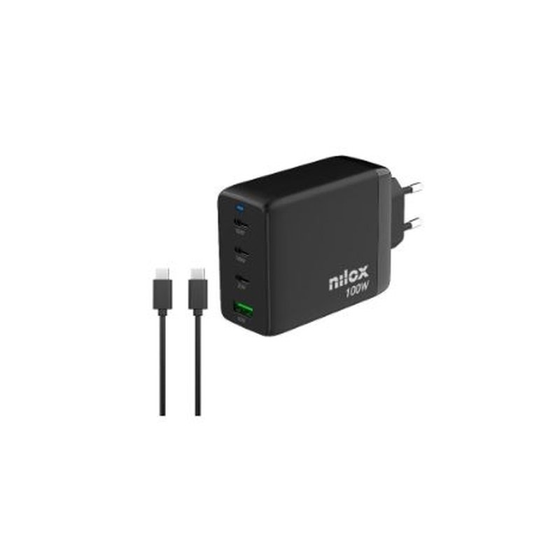 CARGADOR USB 3XUSB-C NILOX 100W GAN BLACK + CABLE USB-C PARA CASA CARGADOR USB 3XUSB-C NILOX 100W GAN BLACK + CABLE USB-C PARA CASA