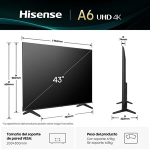 Hisense 43A6Q Televisor 109,2 cm (43") 4K Ultra HD Smart TV Wifi Negro 300 cd / m² Hisense 43A6Q Televisor 109,2 cm (43") 4K Ultra HD Smart TV Wifi Negro 300 cd / m²