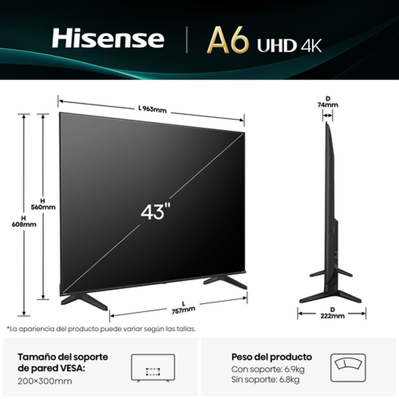 Hisense 43A6Q Televisor 109,2 cm (43") 4K Ultra HD Smart TV Wifi Negro 300 cd / m² Hisense 43A6Q Televisor 109,2 cm (43") 4K Ultra HD Smart TV Wifi Negro 300 cd / m² - Imagen 2