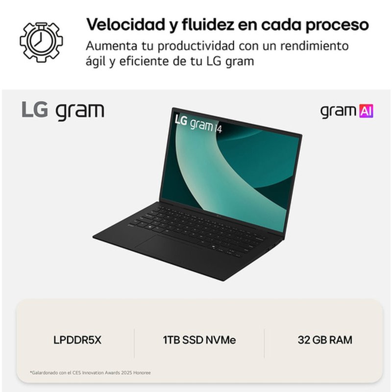 LG Gram 14Z90T Intel Core Ultra 7 255H Portátil 35,6 cm (14") WUXGA 32 GB LPDDR5x-SDRAM 1 TB SSD Wi-Fi 6E (802.11ax) Windows 11 Pro Español Negro - Imagen 9