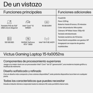 Reacondicionado | HP Victus Gaming 15-fa0052ns Intel® Core™ i5 i5-12450H Portátil 39,6 cm (15.6") Full HD 16 GB DDR4-SDRAM 512 GB SSD NVIDIA GeForce RTX 3050 Wi-Fi 6E (802.11ax) FreeDOS Negro