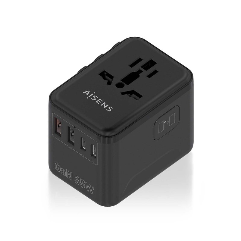 AISENS Adaptador Enchufe Universal Para Viaje EU/USA/UK/AU Con Cargador USB GaN, 2xUSB-A (A1 QC3.0), 3xUSB-C (C1 PD3.0) 35W, Negro
