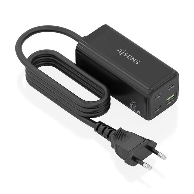AISENS Cargador Sobremesa GaN 100W, 3x USB-C PD3.0 QC4.0 QC5.0, 1x USB-A QC3.0, Negro AISENS Cargador Sobremesa GaN 100W, 3x USB-C PD3.0 QC4.0 QC5.0, 1x USB-A QC3.0, Negro