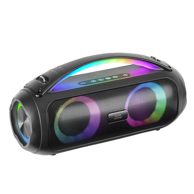Mars Gaming MS-PULSE, Altavoz Bluetooth Portátil 50W RMS, Iluminación RGB, 2 Drivers Activos 93mm + 2 Drivers Pasivos Ultra-Bass, Función Manos Libres, USB / MicroSD / AUX / FM, Asa y Correa, Negro