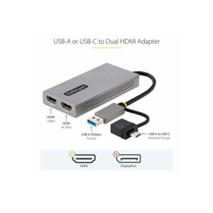 StarTech.com Adaptador de USB a HDMI Doble, USB A/C a 2 Pantallas HDMI (1x 4K30Hz, 1x 1080p), Dongle Integrado USB-A a C, Cable de 11cm, Adaptador USB 3.0 a HDMI, Windows y macOS
