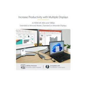 StarTech.com Adaptador de USB a HDMI Doble, USB A/C a 2 Pantallas HDMI (1x 4K30Hz, 1x 1080p), Dongle Integrado USB-A a C, Cable de 11cm, Adaptador USB 3.0 a HDMI, Windows y macOS