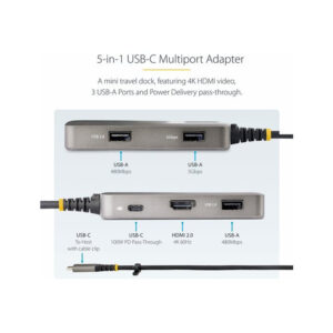 StarTech.com Adaptador Multipuertos USB-C - Docking Station USB Tipo C HDMI 4K60 - Hub Ladrón USB 3.0 de 3 Puertos - Entrega de Alimentación PD 100W - GbE - Works with Chromebook