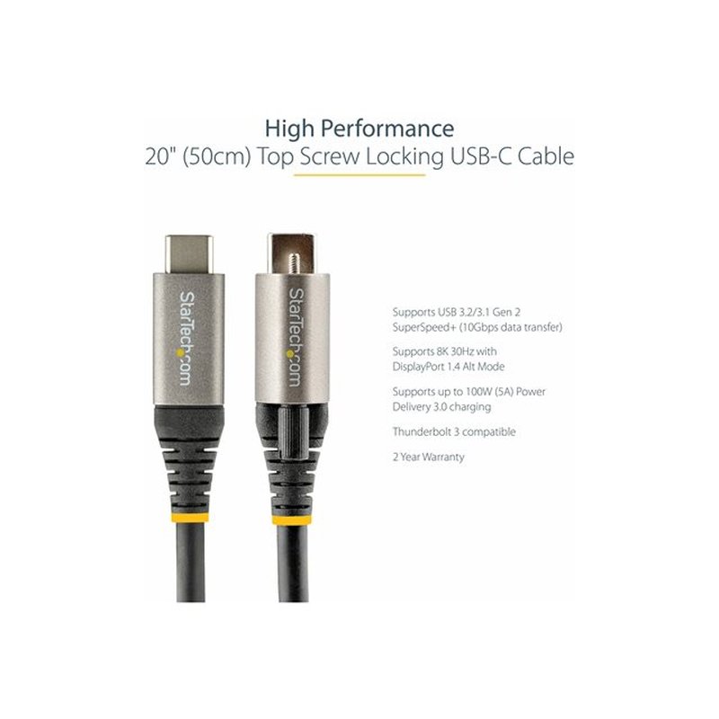 StarTech.com Cable de 50cm USB-C con Tornillo Superior de Fijación -10Gbps - Cable Tipo C USB 3.1/3.2 Gen 2 - con Carga por Entrega de Alimentación PD de 100W (5A), Modo Alt de DP - Imagen 5