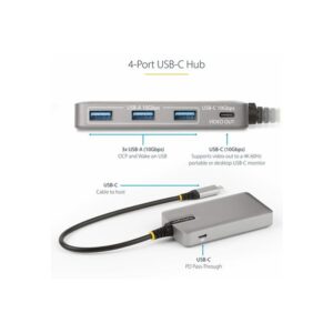 StarTech.com Hub Ladrón USB-C de 4 Puertos con Modo Alt de DP para USB-C y Salida de Vídeo de 4K 60Hz - 3x USB-A - 1x USB Tipo C - PD 100W - USB 3.2 10Gbps - Cable 30cm - Portátil StarTech.com Hub Ladrón USB-C de 4 Puertos con Modo Alt de DP para USB-C y Salida de Vídeo de 4K 60Hz - 3x USB-A - 1x USB Tipo C - PD 100W - USB 3.2 10Gbps - Cable 30cm - Portátil