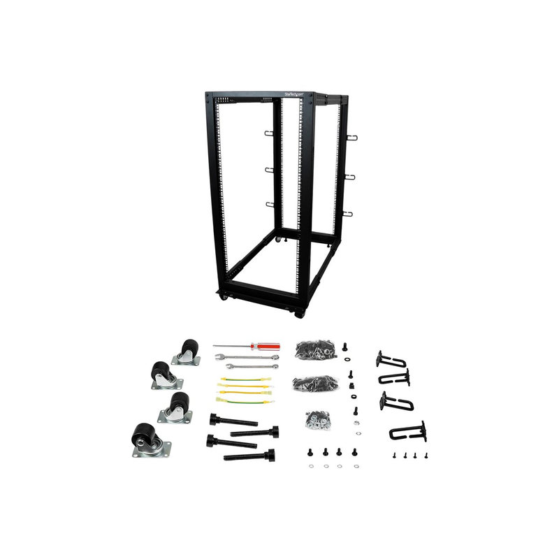 StarTech.com Rack de Marco Abierto con Profundidad Ajustable de 4 Columnas 25U y 19 Pulgadas con Ruedas/Niveladores y Anillas de Gestión de Cableado - Armario Rack Autoportante con Ruedas - (4POSTRACK25U)