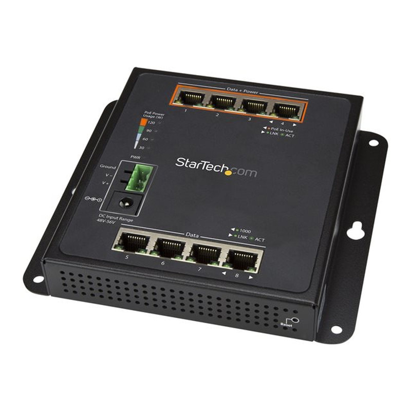 StarTech.com Switch Conmutador Industrial Gigabit PoE de 8 Puertos - con 4 Puertos PoE+ de 30W - con Alimentación por Ethernet - Switch Resistente GbE Gestionado de Capa/L2 - Switch Rugged de Alta Potencia para Redes Gigabit - IP30 - de -40C a +75C
