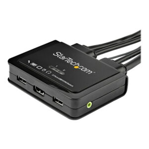 StarTech.com Switch Conmutador KVM de 2 Puertos HDMI - 4K de 60Hz - Switch Conmutador Selector KVM Compacto de Sobremesa Ultra HD UHD con 2 Salidas de Vídeo - con Cables de 1,2m y Audio Incorporado - Conmutado Remoto y Alimentado por el Bus - para MacBook y Thinkpad