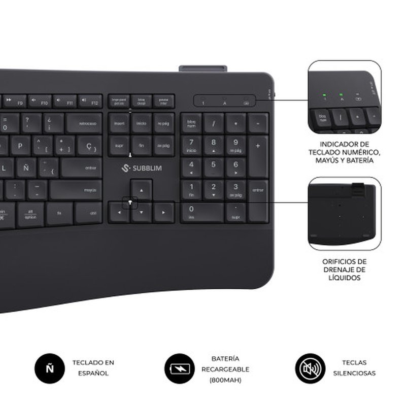TECLADO + MOUSE SUBBLIM WIRELESS ERGO OFFICE PROWAVE DUAL BLACK - Imagen 3