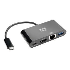 Tripp Lite Adaptador USB-C Type-C a HDMI con Hub USB-A, Gigabit Ethernet, Thunderbolt 3, 4K — Carga PD, 30 Hz, Negro
