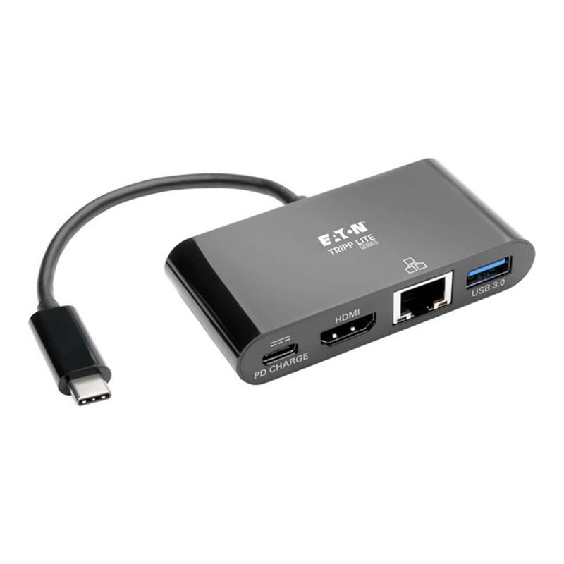 Tripp Lite Adaptador USB-C Type-C a HDMI con Hub USB-A, Gigabit Ethernet, Thunderbolt 3, 4K — Carga PD, 30 Hz, Negro