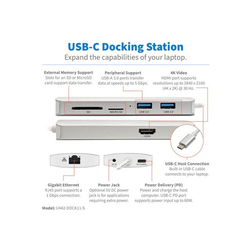 Tripp Lite Estación de Conexión USB-C Type-C, 4K @ 30 Hz, HDMI, Thunderbolt 3, USB-A Hub, Carga PD, SD / Micro SD, GbE - Plata - Imagen 3