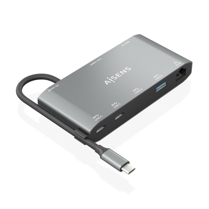 AISENS USB-C Dock 8 en 1, USB-C a 1xHDMI, 1xVGA, 1xRJ45, 2xUSB-A, 2xUSB-C 5G, 1xUSB-C PD, Gris, 20 cm AISENS USB-C Dock 8 en 1, USB-C a 1xHDMI, 1xVGA, 1xRJ45, 2xUSB-A, 2xUSB-C 5G, 1xUSB-C PD, Gris, 20 cm