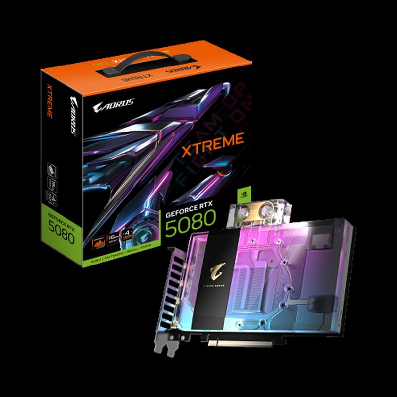 GIGABYTE AORUS GeForce RTX 5080 XTREME WATERFORCE WB 16G Tarjeta Gráfica - 16GB GDDR7, 256 bits, PCI-E 5.0, 2805MHz Core Clock, 3 x DP 2.1a, 1 x HDMI 2.1b, NVIDIA DLSS 4, GV-N5080AORUSX WB-16GD