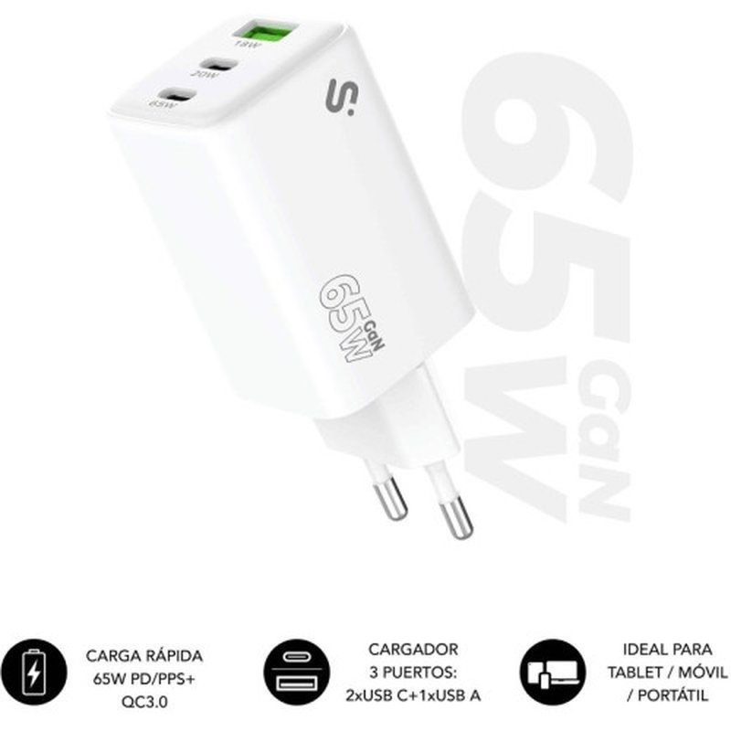 SUBBLIM CARGADOR GAN 65W CHARGER USB C+C+A SUBBLIM CARGADOR GAN 65W CHARGER USB C+C+A