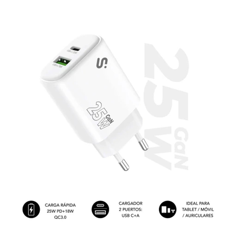 SUBBLIM Cargador GaN 25 W USB-C PD 3.0 + PPS & USB-A QC 3.0, Doble Puerto Rápido para tablets iPad Pro/Air/10/Mini, Galaxy Tab S9-S7, móviles iPhone 16-12, Pixel, Xiaomi, Switch, Compacto y Seguro