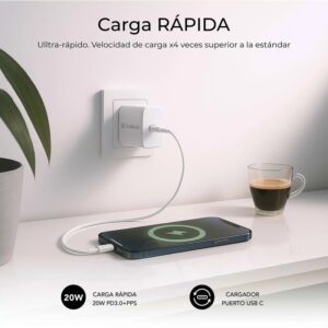 SUBBLIM Cargador USB-C GaN 20W , Power Delivery 3.0 & PPS, Enchufe Rápido para iPhone 16-12, iPad, Galaxy S24-S20, Pixel 9-6, Xiaomi, Ultraportátil, Seguro y Certificado