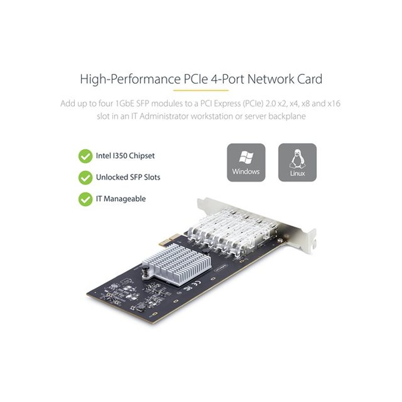 StarTech.com Tarjeta PCIe 2.1x2 de Red de Fibra Óptica/Cobre Ethernet 1Gb SFP de 4 Puertos - Chipset Controlador Intel I350-AM4 - Cobre de 1000BASE/Fibra Óptica - NIC StarTech.com Tarjeta PCIe 2.1x2 de Red de Fibra Óptica/Cobre Ethernet 1Gb SFP de 4 Puertos - Chipset Controlador Intel I350-AM4 - Cobre de 1000BASE/Fibra Óptica - NIC - Imagen 3