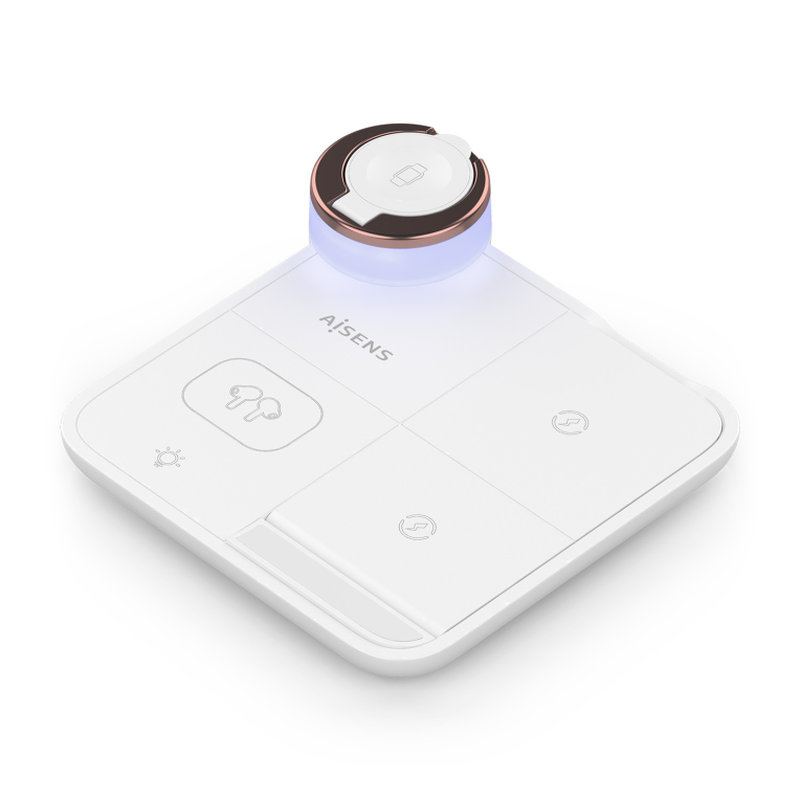 AISENS Cargador Inalambrico USB-C 4 en 1 De 15W Para Movil, Apple Watch, Auriculares Con Estuche De Carga, Blanco