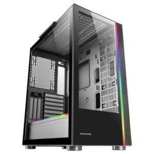 Mars Gaming MC-ULT, Caja Gaming Custom XXL E-ATX, Doble Cristal Templado 90º Sin Marco + Puerta Lateral, Soporte Completo Refrigeración Líquida, Torre PC con Diseño de Cámara Dual Vertical, Negro