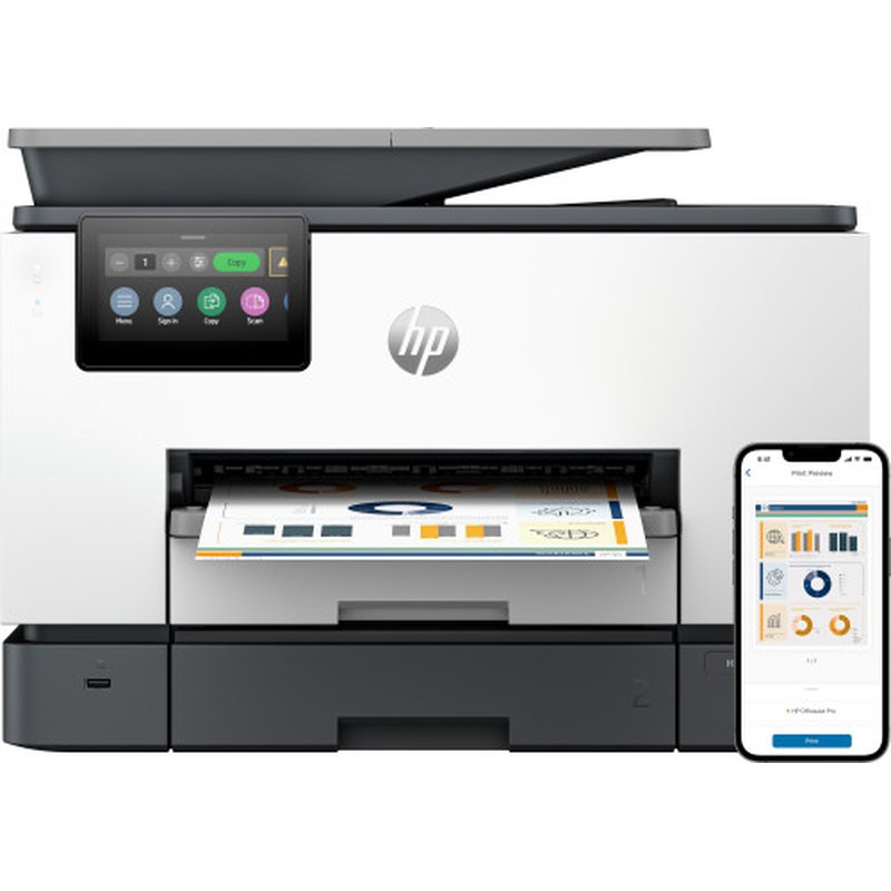 HP OfficeJet Pro Impresora multifunción 9130b, Color, Impresora para Pequeñas y medianas empresas, Imprima, copie, escanee y envíe por fax, Conexión inalámbrica; Impresión desde móvil o tablet; Alimentador automático de documentos; Impresión a doble cara; Escaneado a doble cara; Escanear a correo electrónico; Escanear a PDF; Fax; Puerto frontal de unidad flash USB; Pantalla táctil