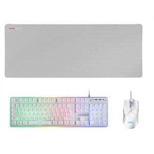 Mars Gaming MCPXWFR, Combo Teclado H-Mech FRGB, Ratón Ultraligero 10000DPI y Alfombrilla XXL, Blanco, Idioma Francés