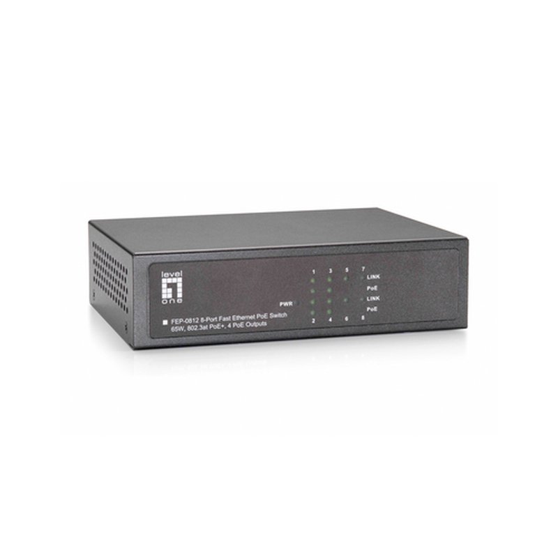 LevelOne Switch Fast Ethernet PoE de 8 puertos, 4 Ports RJ45, 4 Ports RJ45 PoE Plus, 61.6W