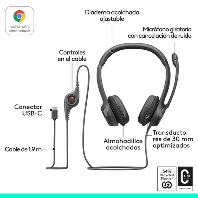 Logitech Auriculares con Cable H390 para PC/Portátil, Auriculares Estéreo con Micrófono con Supresión de Ruido, USB-C, Controles en línea, funciona con Chromebook Logitech Auriculares con Cable H390 para PC/Portátil, Auriculares Estéreo con Micrófono con Supresión de Ruido, USB-C, Controles en línea, funciona con Chromebook - Imagen 11