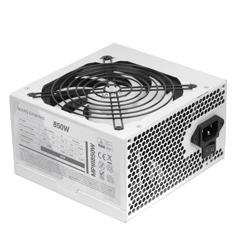Mars Gaming MPIII650, Fuente Alimentación PC ATX 650W, 5 Años de Garantía, 85% Eficiencia, Sistema Digital APFC, Ventilador FDB 120mm AI-RPM, Tecnologías DC-DC y SMD, Cables Planos Extralargos, Blanco