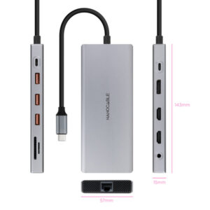 Alternative view of Nanocable Hub USB-C 12 en 1, Conversor USB-C 3.1 a 3xUSB-A 3.2 + USB-C 3.2 + USB-C PD + 2xHDMI 4K@60Hz + DP 4K@60Hz + RJ45 1Gbps + TF + SD + Audio Jack 3.5, Aluminio, Gris, 18 cm