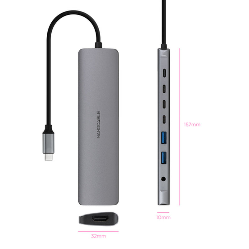 Nanocable Hub USB-C 8 en 1, Conversor USB-C 3.1 a 2xUSB-A 3.0 + 3xUSB-C 3.0 + USB-C PD + HDMI 4K@60Hz + Audio Jack 3.5, Aluminio, Gris, 18 cm - Imagen 2