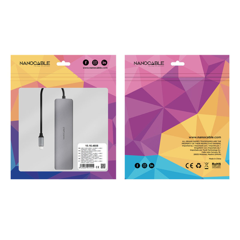 Nanocable Hub USB-C 8 en 1, Conversor USB-C 3.1 a 2xUSB-A 3.0 + 3xUSB-C 3.0 + USB-C PD + HDMI 4K@60Hz + Audio Jack 3.5, Aluminio, Gris, 18 cm - Imagen 5