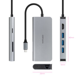 Nanocable Hub USB-C 8 en 1, Conversor USB-C 3.1 a 3xUSB-A 3.0 + HDMI 4K@60Hz + USB-C PD + RJ45 1Gbps + TF + SD, Aluminio, Gris, 18 cm